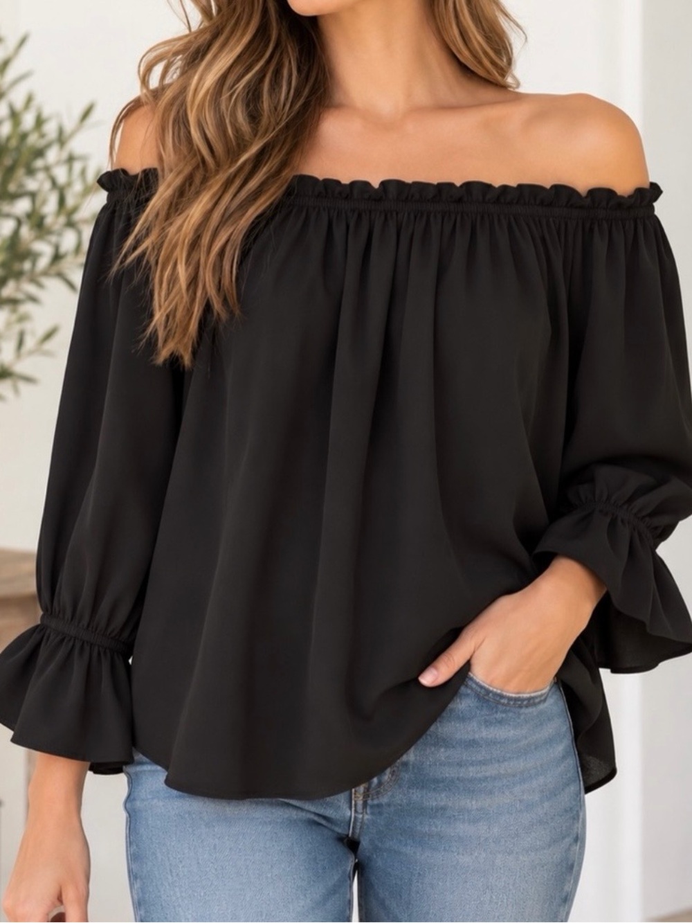 Lulus Off-Shoulder Black Women's Blouse